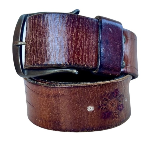 Vintage Genuine Leather Tooled Western Belt Distressed Supple Boho Festival - Picture 1 of 9